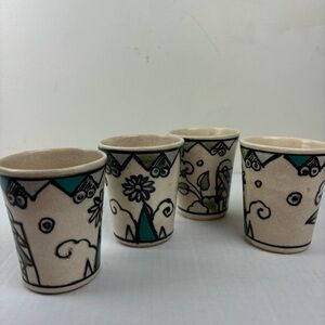 Vintage-handmade pottery set of 4 small cups-MCM stylized floral design